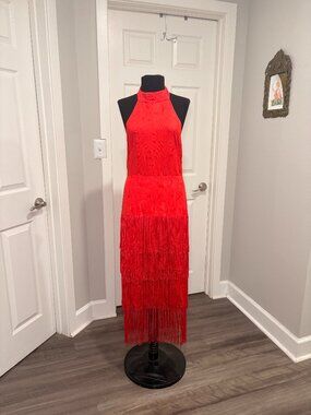 Anthropologie Solid Fringe Halter Maxi Dress, Red, Sz 6